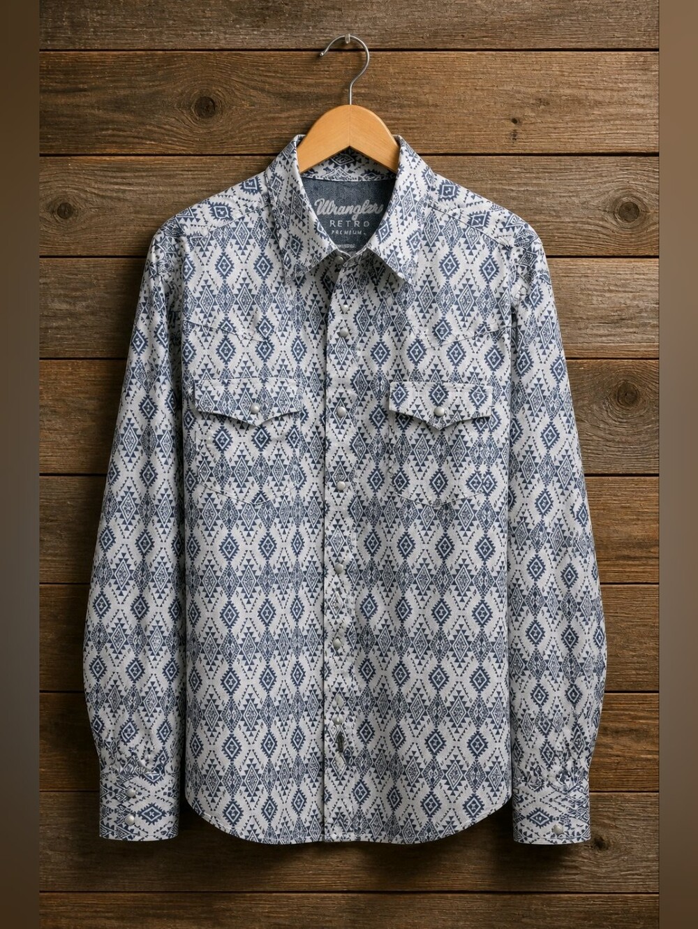 Wrangler Retro Men's Blue & White Snap-Front Geo Western Long Sleeve Shirt Sz LG